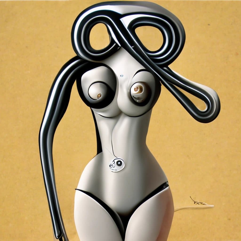 A surreal, 3D-rendered sculpture of a stylized female figure with a glossy white body and black, tube-like hair that loops over its head. The figure has abstract, eye-like features on its chest and a small, circular emblem on its belly, set against a textured tan background.