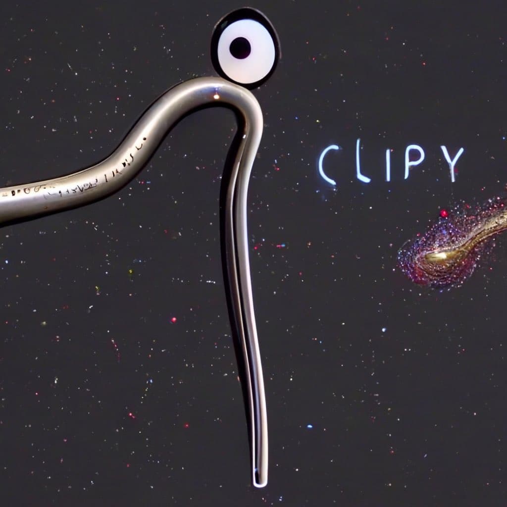 A close-up photograph of a metallic, curved tool with a round, eye-like tip, positioned against a dark, starry background. The word "CLIPY" is written in white, glowing letters to the right of the tool.
