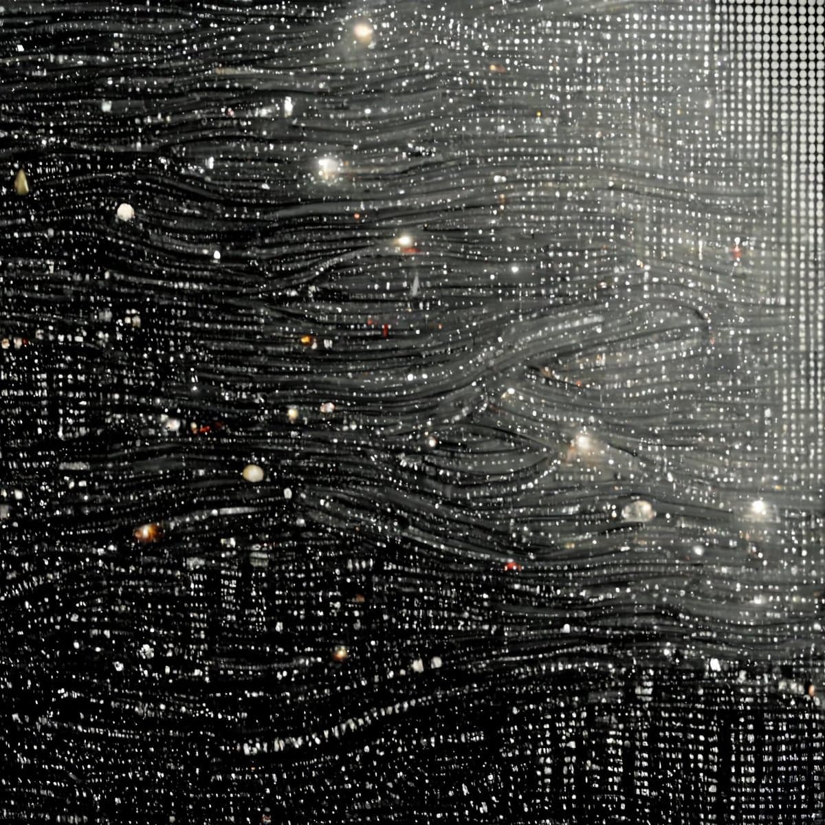 A digital artwork depicting a dark, textured background filled with thousands of small, glowing white dots arranged in flowing, wave-like patterns, resembling a cosmic field of stars or particles.