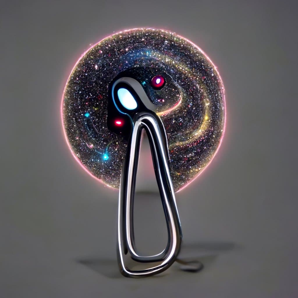 A digital artwork depicting a stylized, metallic figure with a looped body and glowing blue and red eyes, set against a circular backdrop of a starry galaxy with a pink neon border.