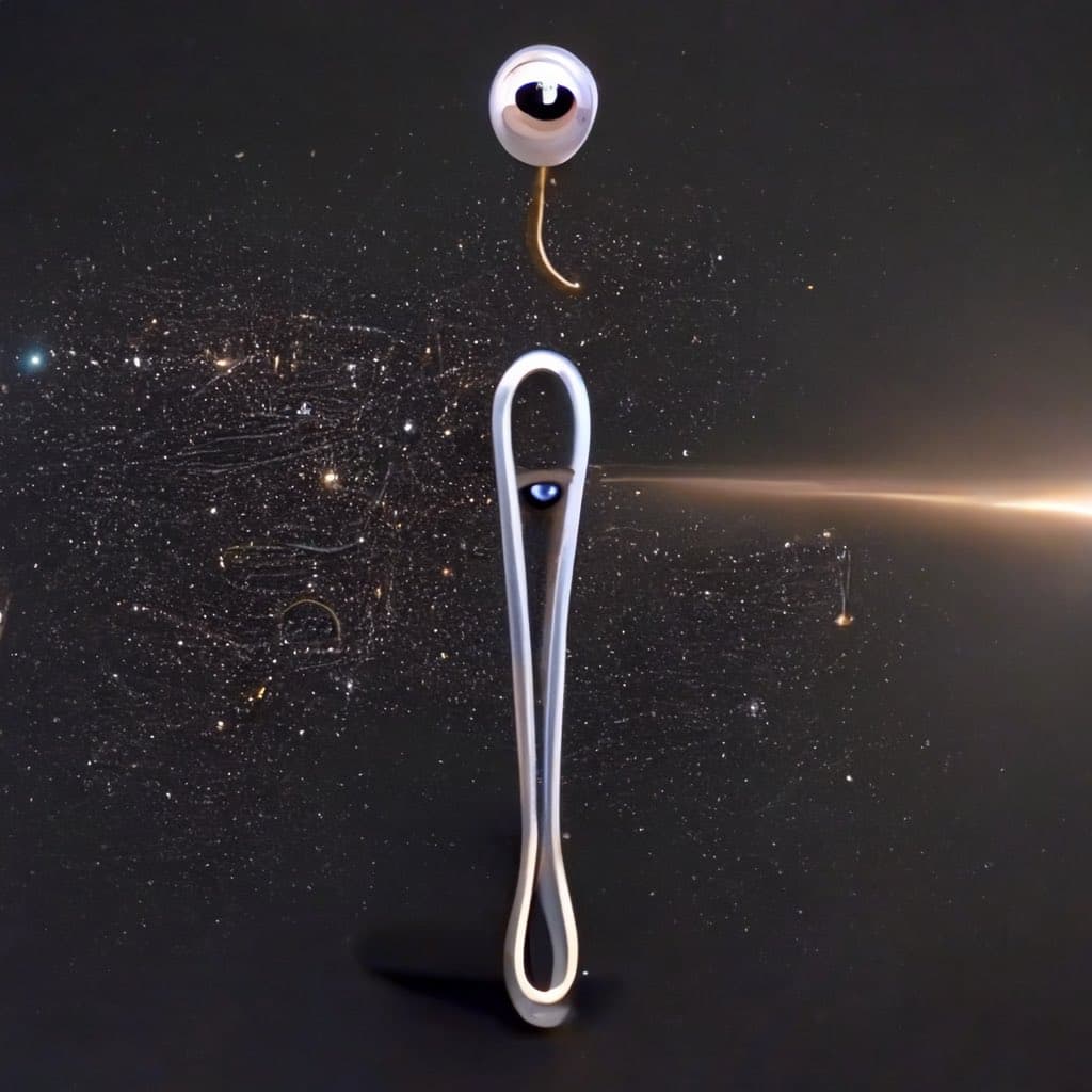 A pair of white earbuds with a long, looped cable is displayed against a dark, starry background. The earbud at the top has a gold-colored stem, while the main cable forms a large vertical loop with a small blue light visible inside it.