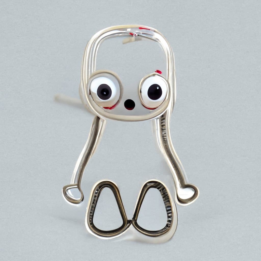 A whimsical, silver-colored metal sculpture shaped like a cartoon character with large googly eyes, a small mouth, and a rounded body. The figure has thin, curved arms and legs, with its feet forming a heart shape at the base.