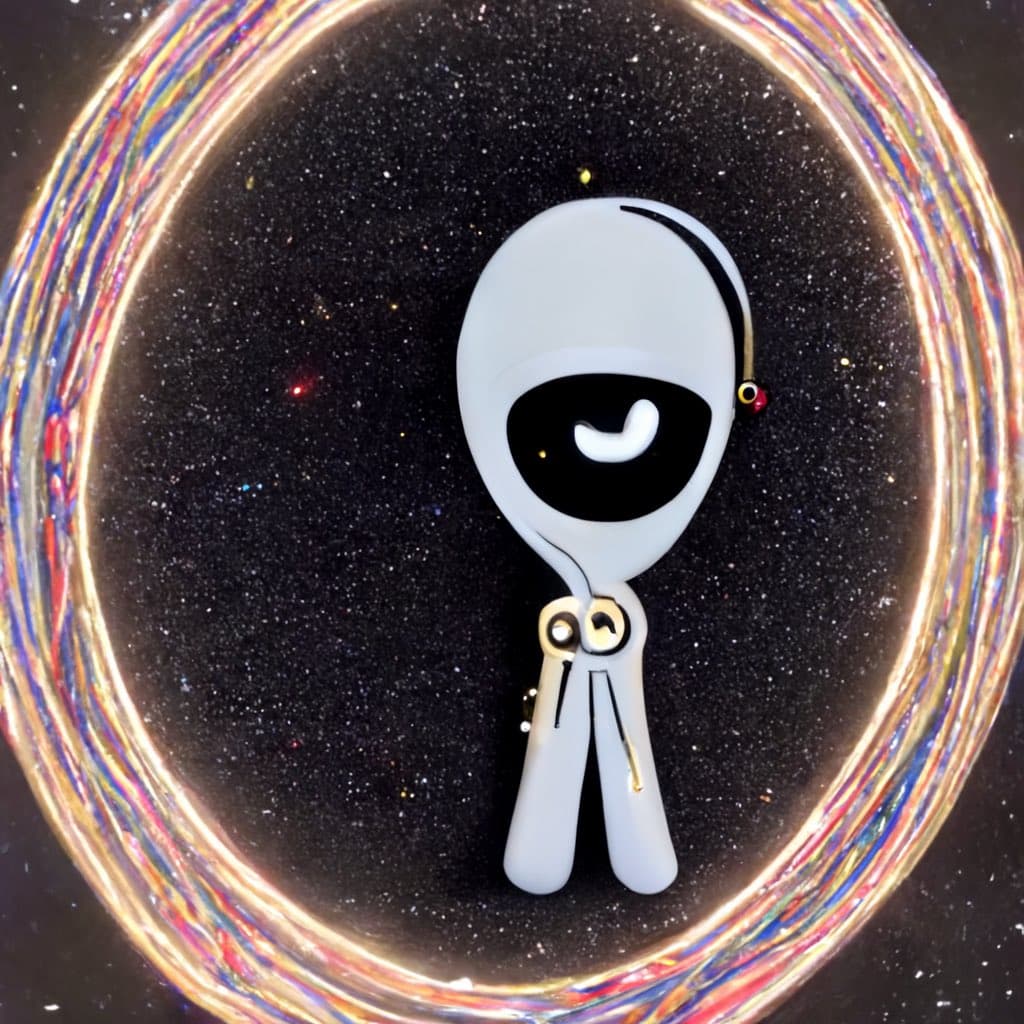 A 3D-rendered image of a small, white, alien-like character with a large black visor and a single white eye, standing inside a glowing, iridescent ring against a starry space background.