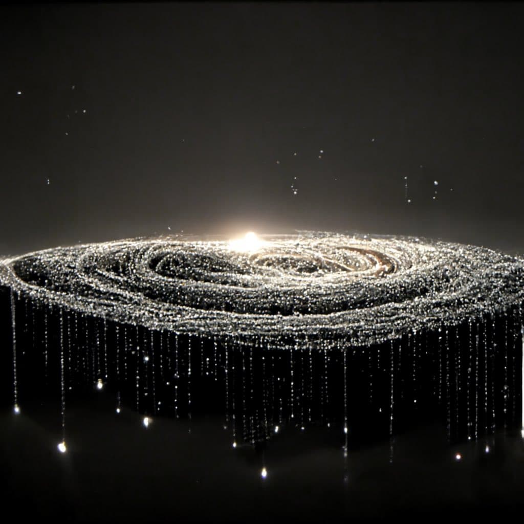 A digital artwork depicting a glowing, spiral-shaped galaxy or vortex of light particles against a dark background, with streaks of light falling from its edges like a waterfall. The image has a cosmic, ethereal aesthetic with a bright central light source.