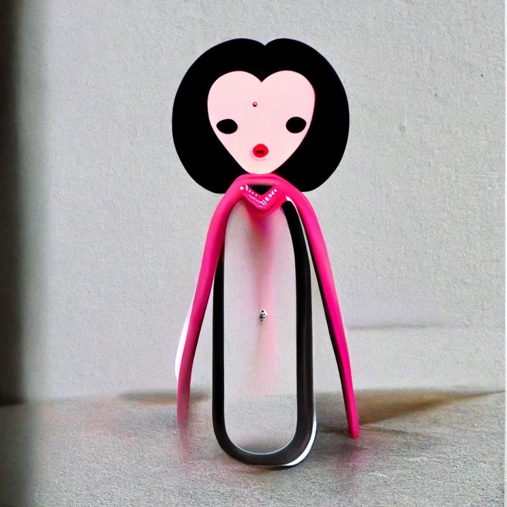 A stylized, abstract sculpture of a figure with a black bob haircut, a pale heart-shaped face, and a long, translucent body framed by pink and black curved lines.