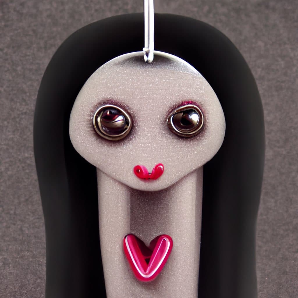 A close-up photograph of a handmade, stylized figurine with a pale, glittery face, large glossy eyes, and a small red heart-shaped mouth. The figure has long, smooth black hair and a red heart emblem on its chest, and it is suspended by a silver chain against a textured gray background.