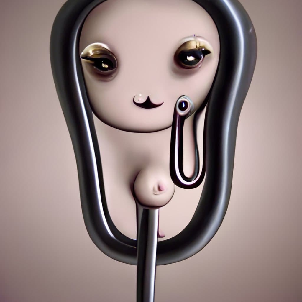 A surreal 3D digital illustration of a stylized, pale-faced character with large, glossy eyes and a small mouth, framed by a dark, glossy, U-shaped structure. The character holds a metallic, curved object near its face, and the entire figure is mounted on a thin vertical pole against a plain, neutral background.
