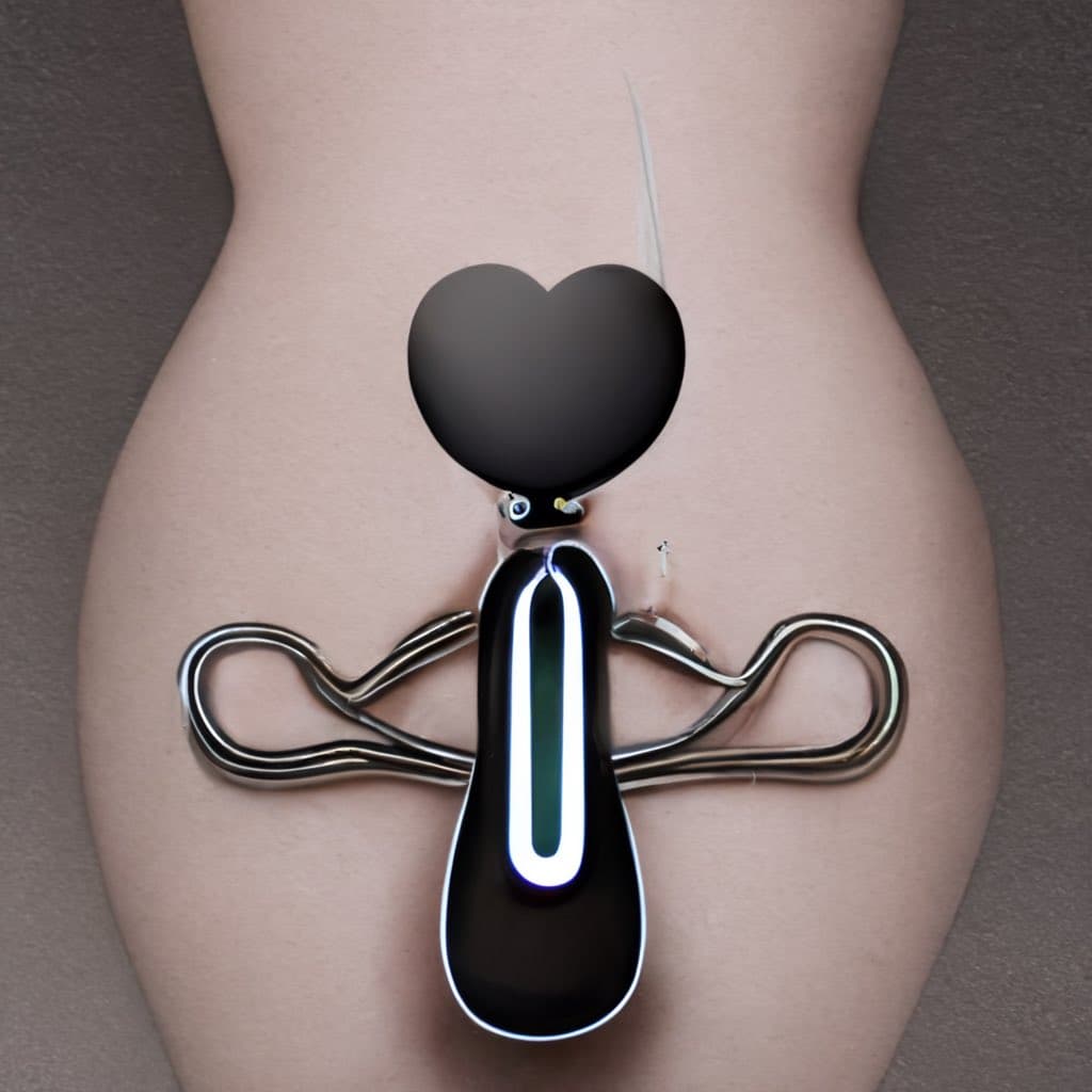 A close-up photograph of a person's lower torso featuring a black, heart-shaped object and a metallic, wing-like device attached to the skin. The image appears to be digitally manipulated or AI-generated, with a black heart obscuring the navel area.