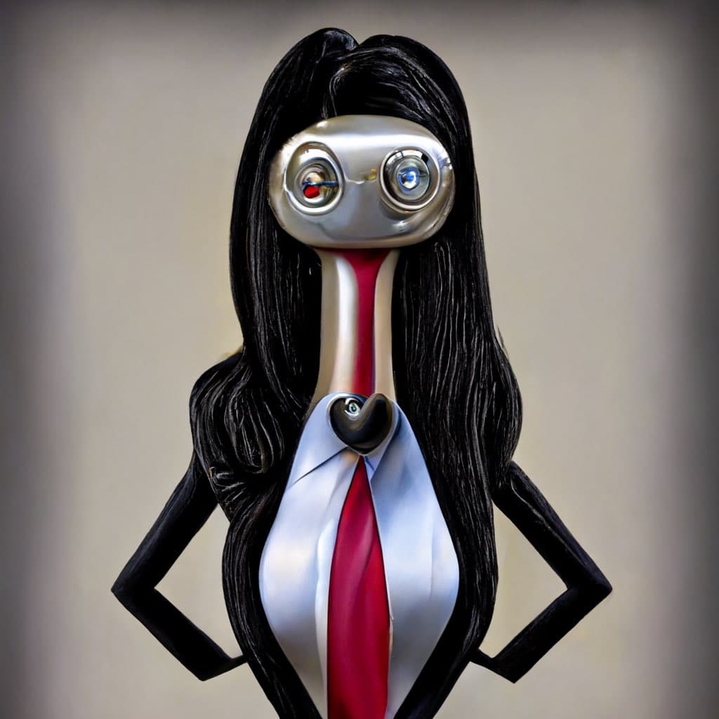 A 3D-rendered, surreal character with a metallic, goggle-like face, long black hair, and a body shaped like a white dress with a red tie, standing with hands on hips against a neutral background.