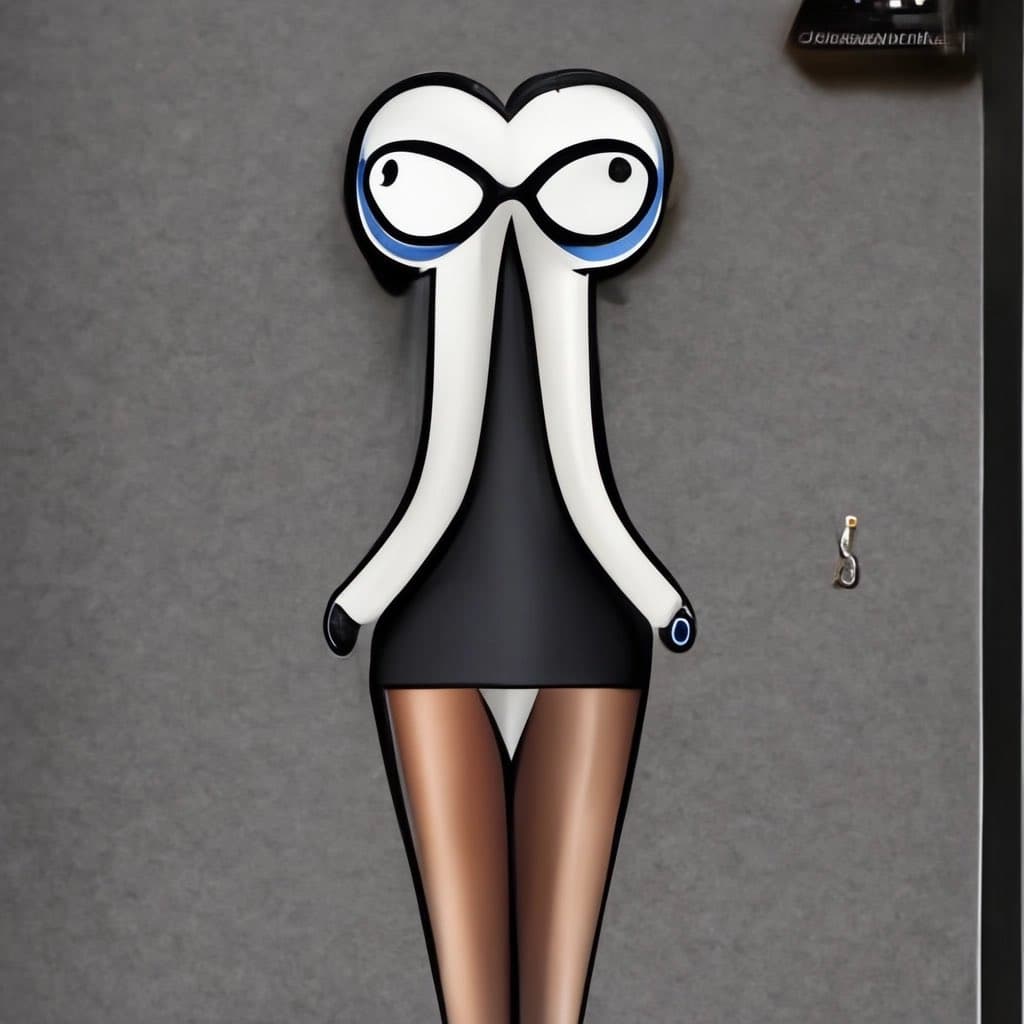 A 3D-rendered cartoon character with a large, heart-shaped head featuring wide, googly eyes and blue accents. The character has a black dress-like body, long white arms, and brown legs, standing against a plain gray background.