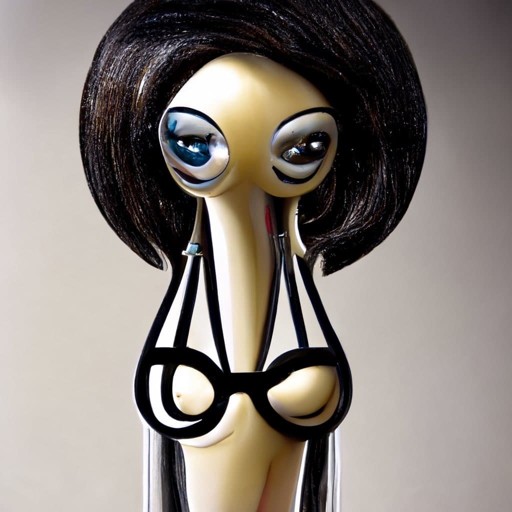 A close-up photograph of a stylized, surreal sculpture featuring a pale, elongated figure with large, glossy eyes and a black bob haircut. The figure is wearing a black string bikini top and appears to be made of a smooth, glossy material.