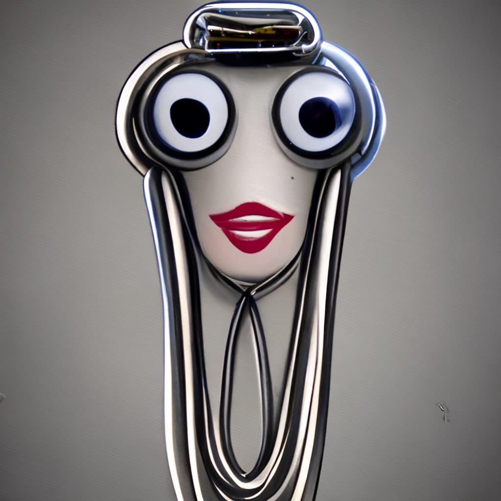 A digitally created image of a stylized, anthropomorphic face made from a metallic paperclip. The face features large, round eyes with black pupils, a small red mouth, and a shiny, silver clip forming the head and hair.
