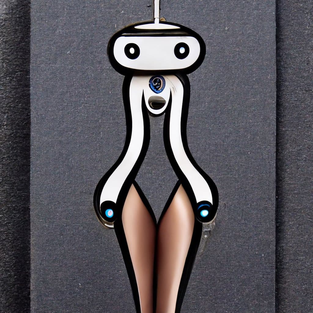 A stylized, cartoon-like illustration of a white robot with a large head, long arms, and a humanoid body, featuring glowing blue lights on its hands and chest. The robot is depicted against a dark, textured background.