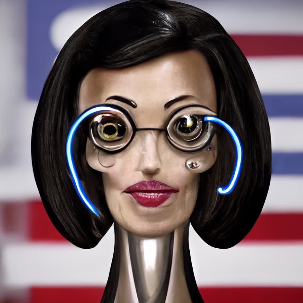A surreal, AI-generated digital portrait of a woman with a black bob haircut and red lipstick, featuring a metallic neck and glowing blue, Clippy-like rings around her eyes, set against a blurred American flag background.