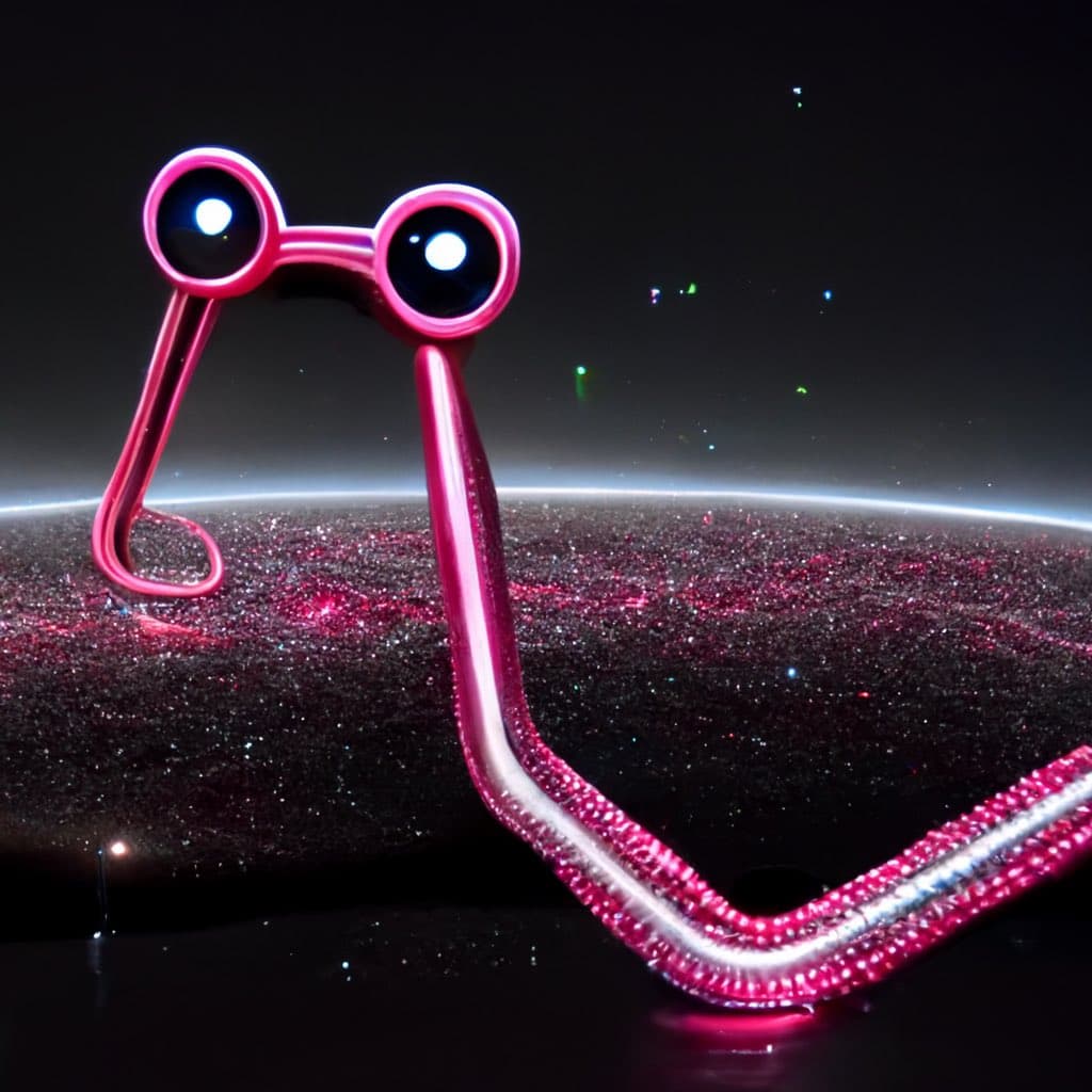 A 3D-rendered, pink, metallic creature with large, round, glowing eyes stands on a dark, glittering surface that resembles a planet's horizon. The creature has a long, segmented body that curves down to the ground, and the background is a dark space filled with colorful, star-like particles.