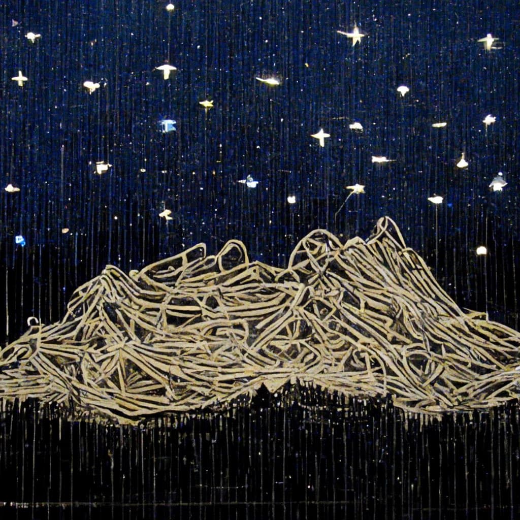A stylized, abstract illustration of a mountain range made from tangled, light-colored lines against a dark blue background filled with small, glowing star-like dots. The scene has a textured, digital or painted appearance with vertical streaks running through the image.