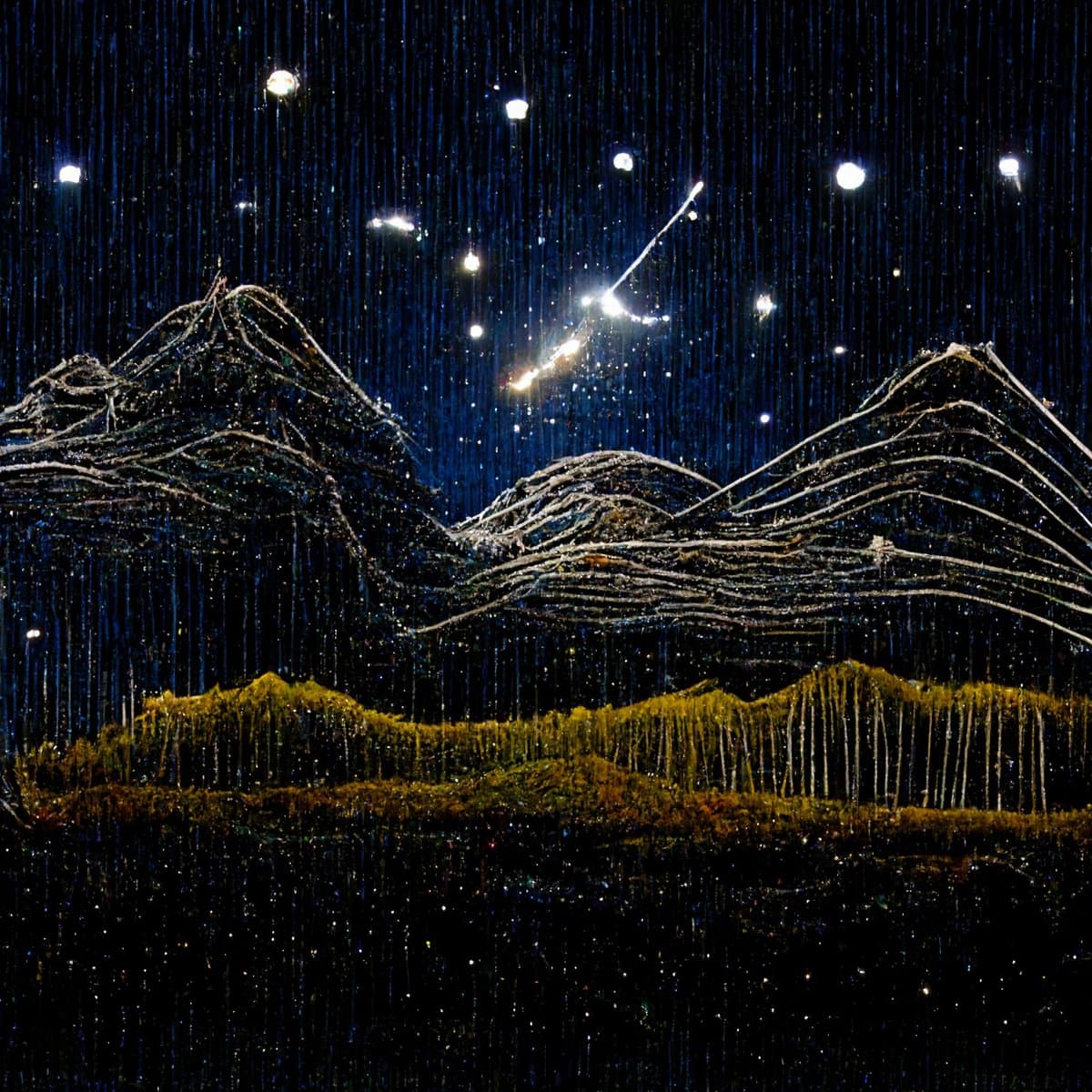 A long-exposure photograph of a night sky featuring a meteor shower over a mountain landscape. The image shows numerous bright streaks of light from falling meteors against a dark blue sky, with the mountains and a forested foreground illuminated by the celestial activity.