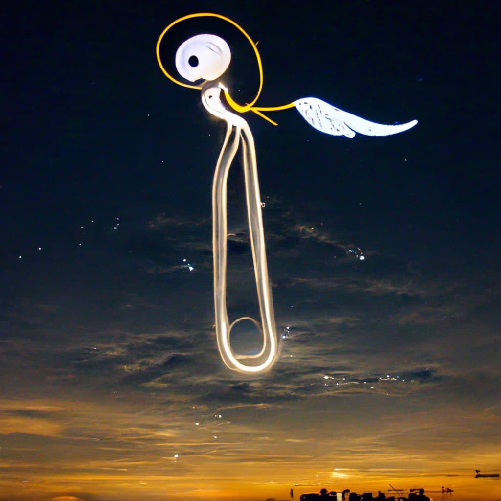 A long-exposure photograph of a light painting in the night sky, depicting a stylized bird with a glowing white body, a yellow circular halo, and a white wing. The background shows a dark sky with clouds and a warm, orange glow on the horizon.