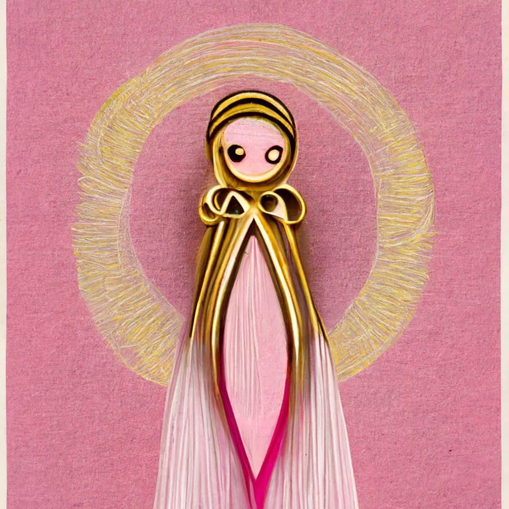 A stylized illustration of a figure in a flowing robe and head covering, set against a pink background with a golden halo behind them. The artwork features a textured, hand-drawn aesthetic with bold outlines and soft color gradients.
