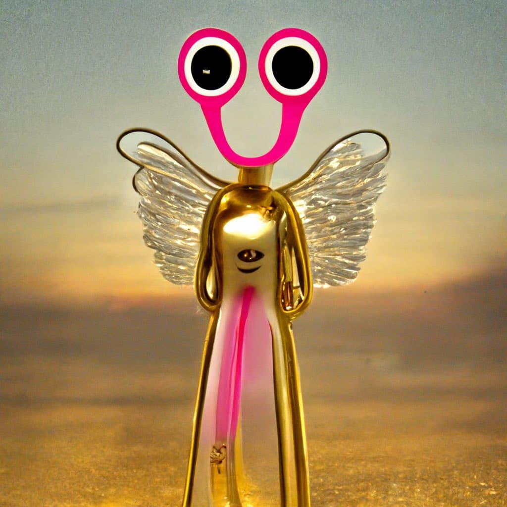 A whimsical, digitally altered image of a golden, winged figurine with a pink, cartoonish face featuring large, googly eyes and a wide smile, set against a blurred, warm-toned background.