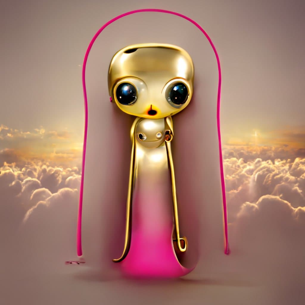 A 3D-rendered illustration of a golden, alien-like figure with large black eyes and a small mouth, standing inside a pink, arch-shaped frame against a backdrop of clouds and a sunset sky.