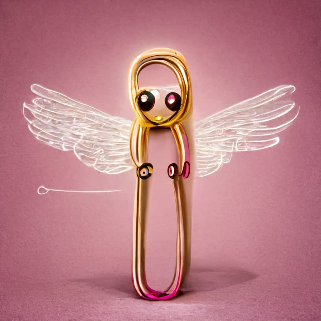 A 3D-rendered illustration of a stylized angel figure made from a glossy, gold-colored metallic tube, featuring large cartoon eyes and translucent white wings, set against a solid pink background.