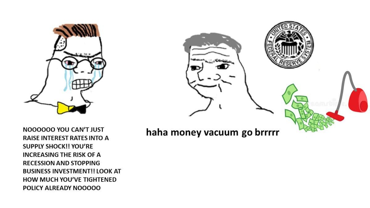 A two-panel meme featuring the 'Crying Man' and 'Laughing Guy' characters. The left panel shows the Crying Man with a bow tie, while the right panel shows the Laughing Guy next to a Federal Reserve seal and a vacuum cleaner sucking up money.