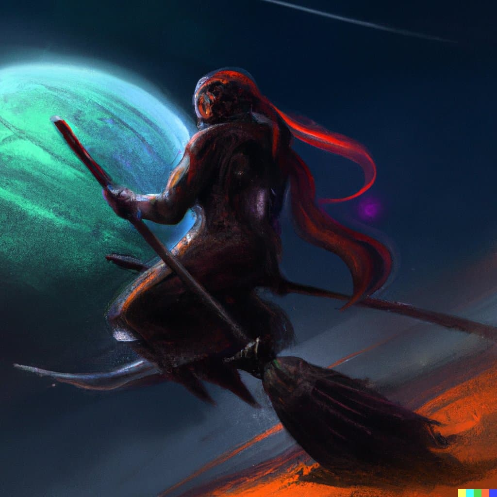 A digital fantasy illustration depicting a figure with long, flowing red hair riding a broomstick through space. The figure is silhouetted against a large, glowing teal planet on the left and a fiery orange celestial body below.