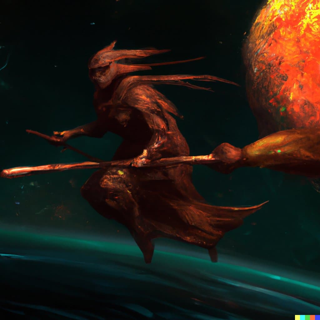 A digital illustration of a hooded figure riding a broomstick through a dark, cosmic space, with a large, fiery orange planet visible in the upper right corner.