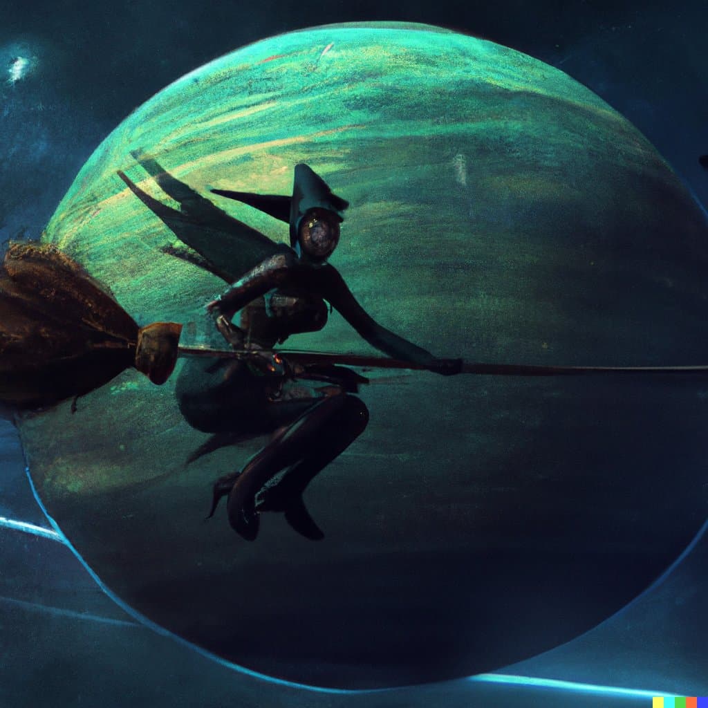 A digital illustration of a dark, silhouetted figure wearing a pointed hat and riding a broomstick in front of a large, textured green planet in space.