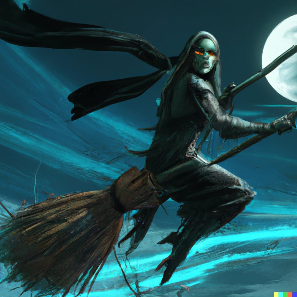 A digital painting of a skeletal figure with glowing orange eyes riding a broomstick through a dark, blue-toned night sky with a large full moon in the background.