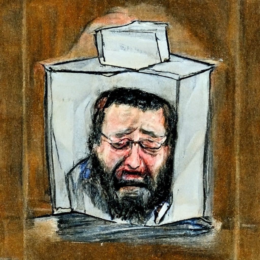 A digital painting depicting a bearded man with glasses and a distressed expression, shown from the chest up inside a white, open-topped box. The artwork is set against a brown, wood-grain background.