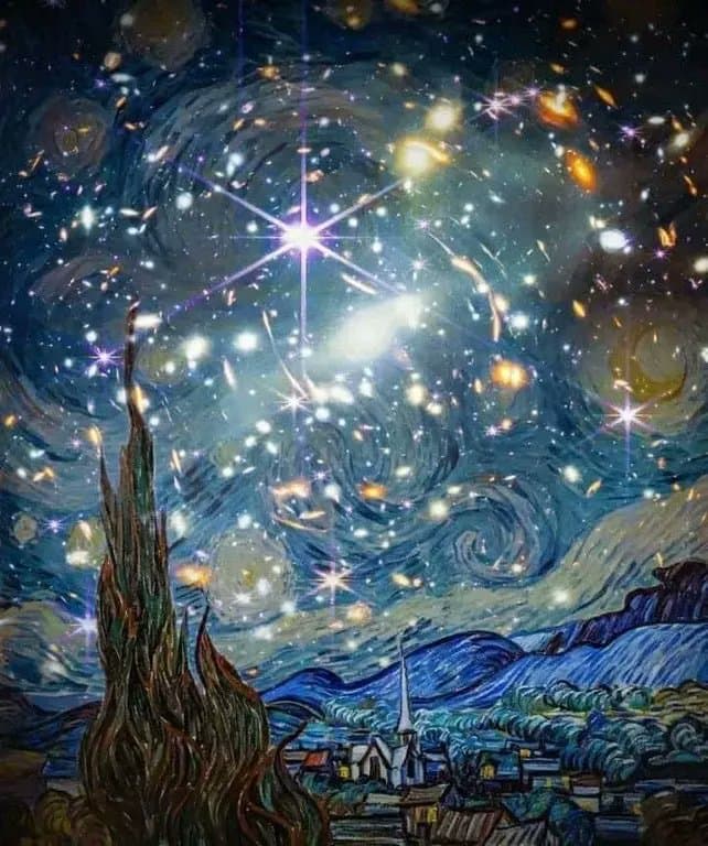 A digital artwork that combines the foreground of Vincent van Gogh's 'The Starry Night' with the first deep-space image taken by the James Webb Space Telescope, replacing the original stars with the telescope's view of galaxies and nebulae.