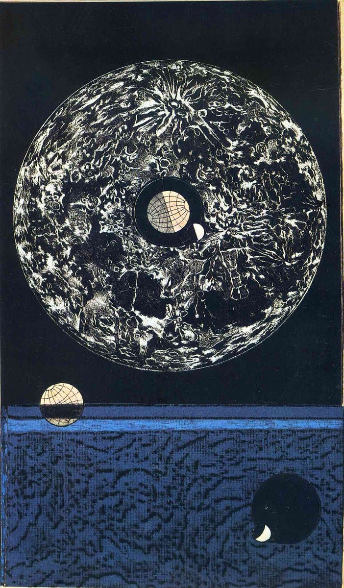 A surrealist artwork featuring a large, textured celestial sphere with a grid-patterned circle at its center, set against a dark background above a blue, textured landscape. Smaller grid-patterned and dark circular forms appear in the lower portion of the composition.