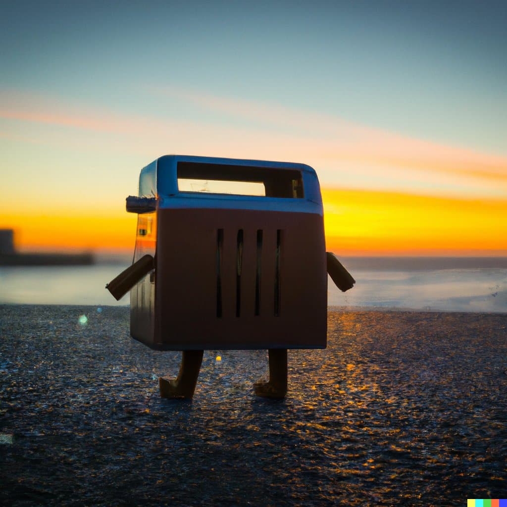 A humorous photograph of a metal trash can on a beach at sunset, with sticks attached to its sides and bottom to resemble arms and legs, making it look like a walking character.