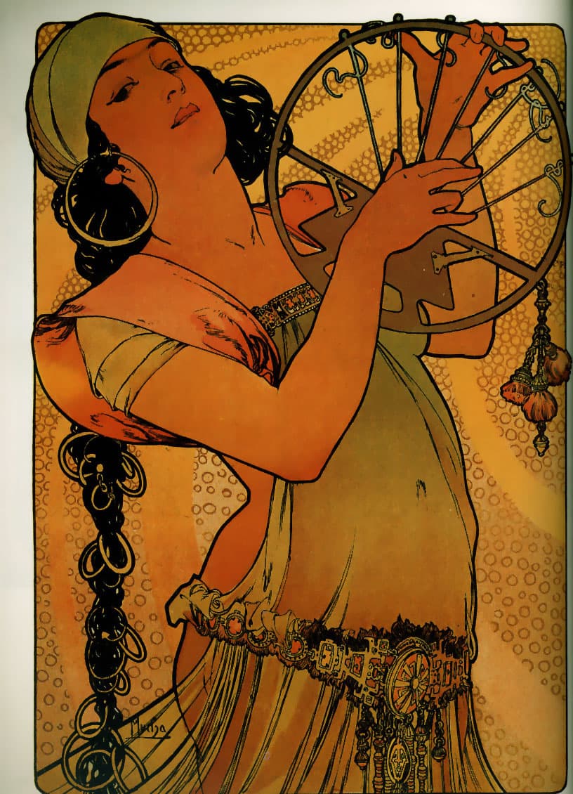 A reproduction of Alphonse Mucha's 1897 Art Nouveau poster 'Salome,' depicting a woman in a flowing dress and headscarf holding a large, ornate lyre against a patterned background.