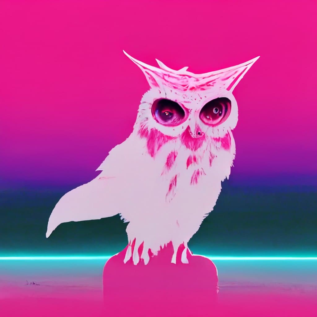 A stylized, high-contrast image of a white owl with large, expressive eyes perched on a pink pedestal. The background features a vibrant gradient of hot pink, purple, and teal with a glowing horizontal line, giving it a neon or synthwave aesthetic. The owl has prominent ear tufts and pinkish feather markings on its chest.