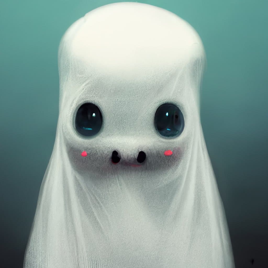 A digital illustration of a cute, white, ghost-like character with large black eyes, small black nostrils, and pink blush marks on its cheeks, set against a teal background. The character has a soft, fabric-like texture and a simple, rounded shape.