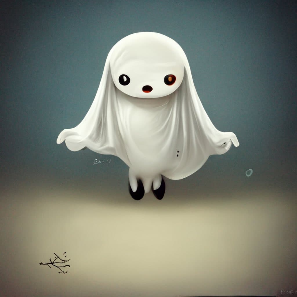 A digital illustration of a small, cute ghost-like character floating in the air. The character has a white sheet draped over its head and body, with large, expressive eyes and a small open mouth.