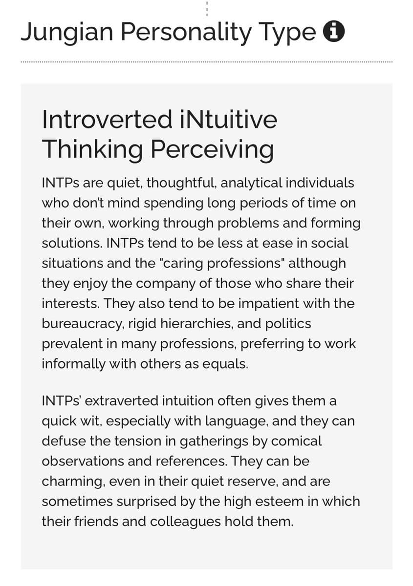 A text-based image displaying a description of the Jungian personality type INTP (Introverted iNtuitive Thinking Perceiving).
