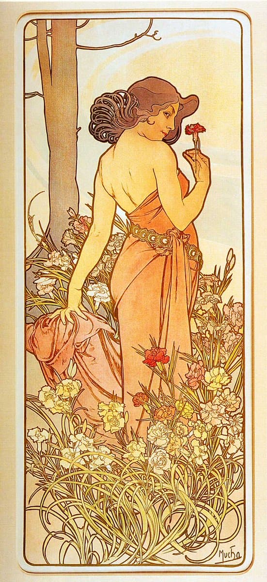 A vertical Art Nouveau illustration by Alphonse Mucha titled 'Carnation, 1898,' depicting a woman in a flowing orange dress standing in a field of flowers while holding a red carnation. The artwork features characteristic flowing lines, a decorative border, and a signature in the lower right corner.