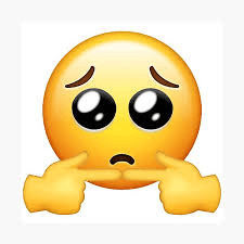 A digital image of a yellow emoji with a worried expression, featuring raised eyebrows, large teary eyes, and a frown, with both hands pointing at its mouth. The background is plain white.