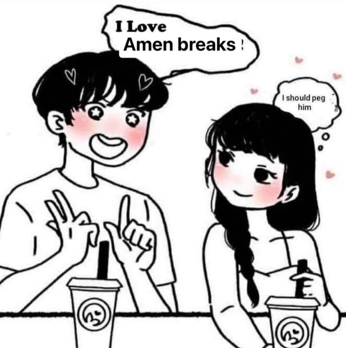 A black-and-white cartoon illustration of a young man and woman sitting at a table with drinks. The man has star-shaped eyes and is making hand gestures, while the woman looks at him with a smile. Both have thought bubbles above their heads.