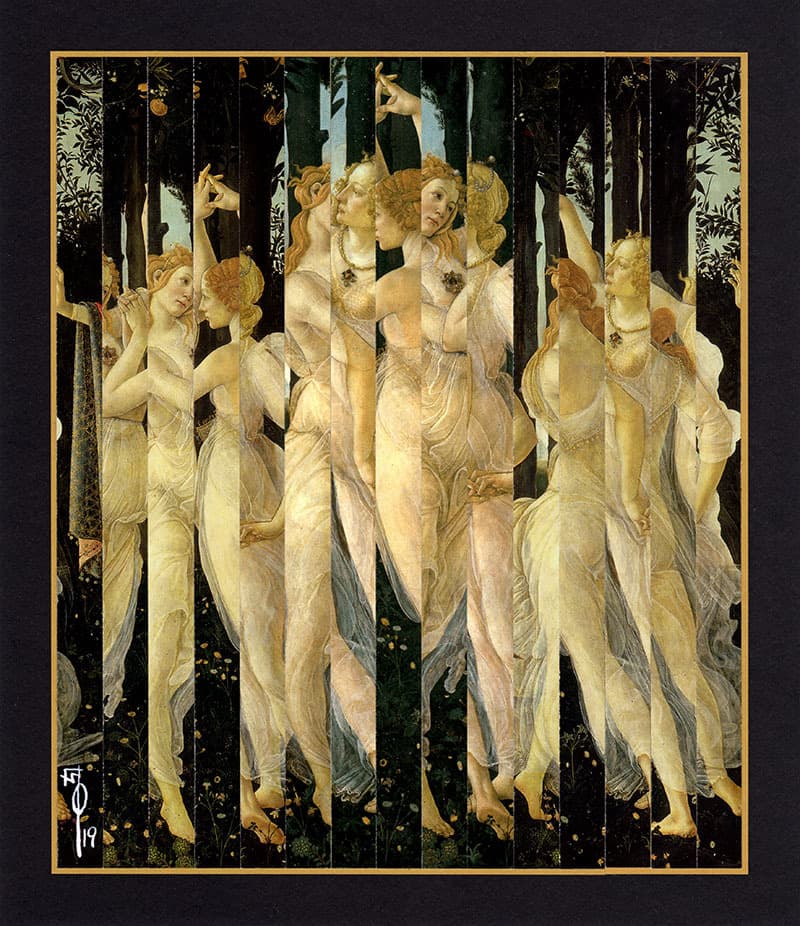 A reproduction of the painting 'This Night of Joy' by Wallace Berman, featuring a group of women in white dresses dancing in a dark forest, with the image divided into vertical strips.