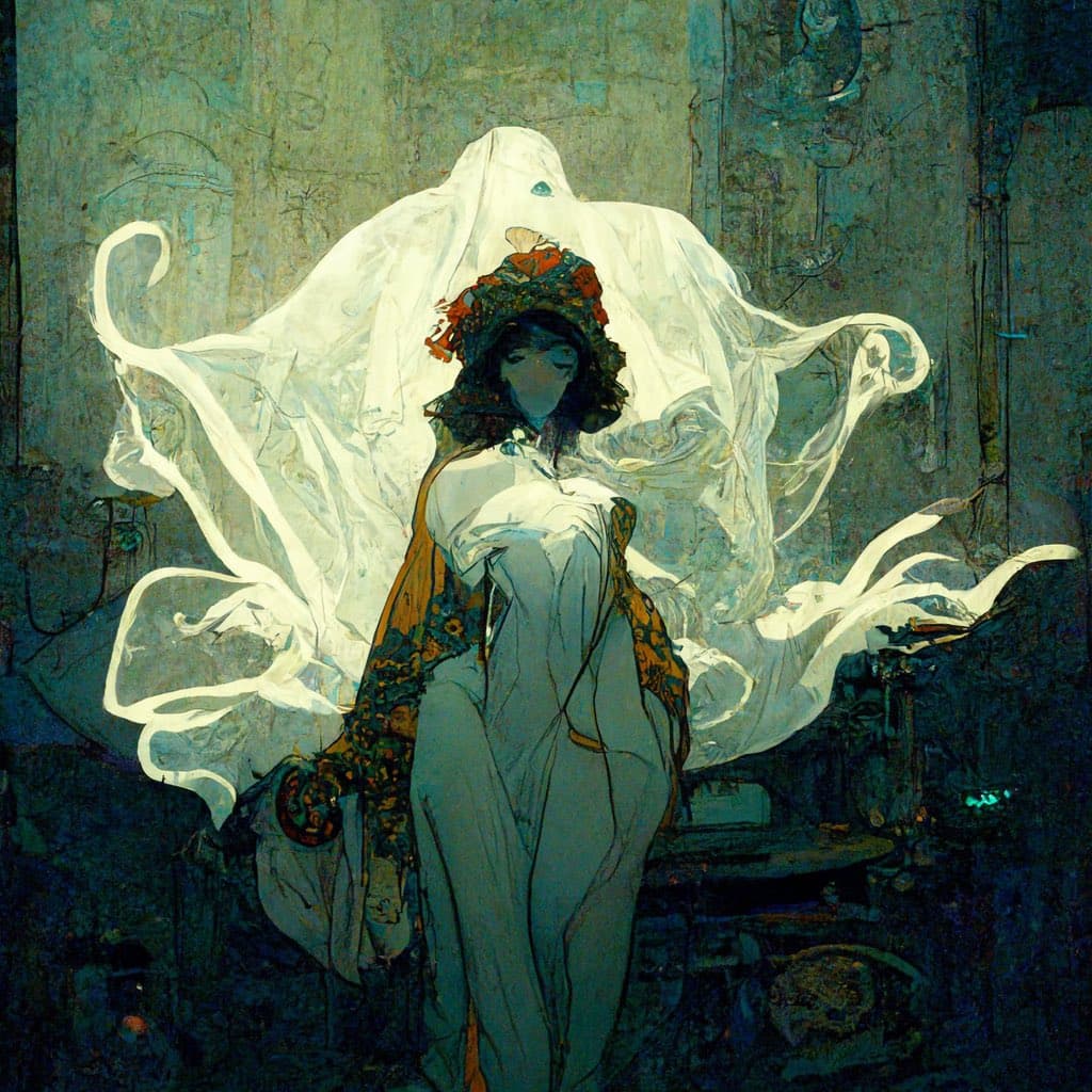 A digital painting in an Art Nouveau style depicting a woman in a flowing white dress and a floral hat, with a large, billowing white veil or fabric swirling around her against a dark, textured background.