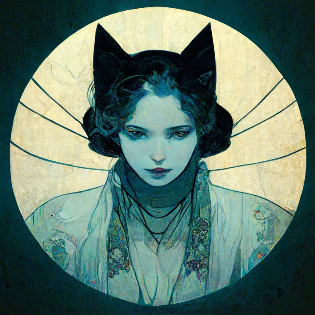 A digital illustration of a woman with dark hair and cat ears, framed within a circular border against a dark background. The artwork features a stylized, painterly aesthetic with a cool color palette.