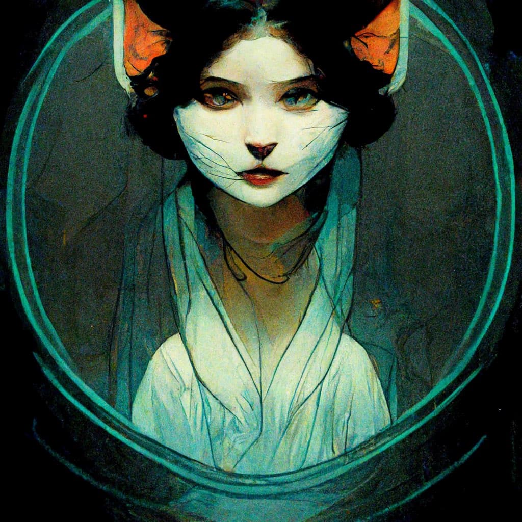 A digital illustration of a woman with a white cat face mask and large orange ears, framed within a teal circle. The artwork features a dark, moody color palette with a focus on the character's face and upper body.