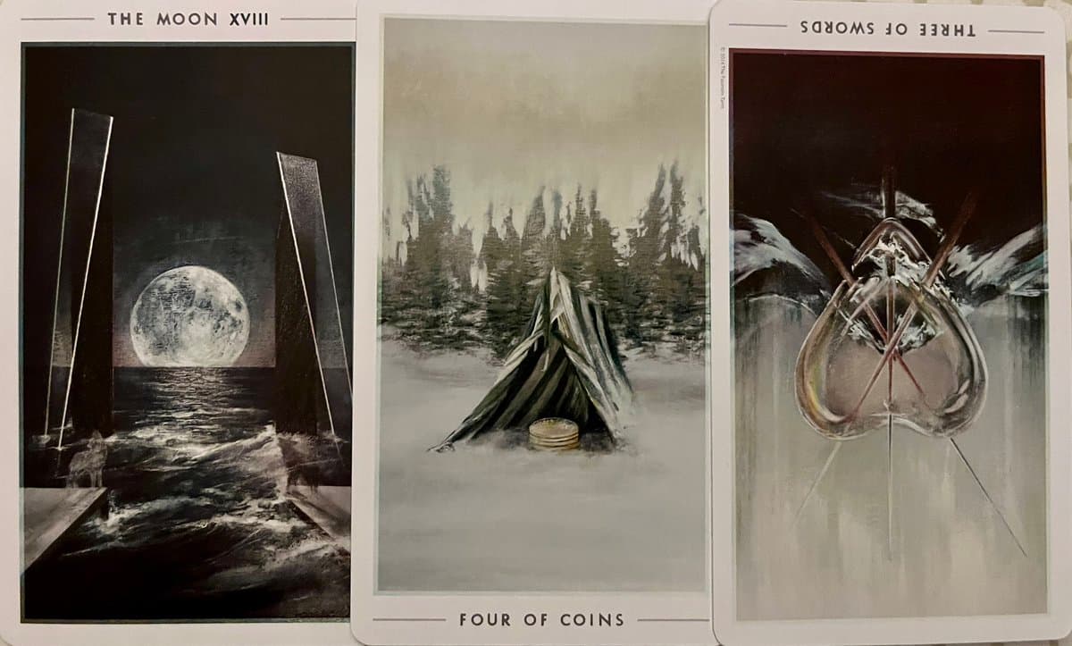 A photograph of three tarot cards laid side-by-side, showing the Moon, Four of Coins, and Three of Swords. The cards feature artistic illustrations of a moonlit sea, a tent with coins, and a heart pierced by swords.