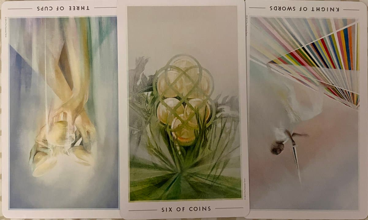A photograph of three tarot cards laid side-by-side, showing the Three of Cups (upside down), the Six of Coins, and the Knight of Swords (upside down).