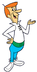 A cartoon illustration of a man with orange hair, a long nose, and a white shirt with a green belt, standing with one hand on his hip and the other extended outward. He is wearing blue pants and white shoes. The character is George Jetson from the animated series 'The Jetsons'.